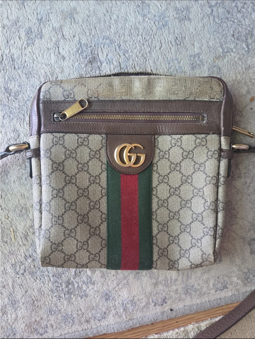 Gucci Brown GG Canvas Messenger Bag with Green & Red Stripe authentic